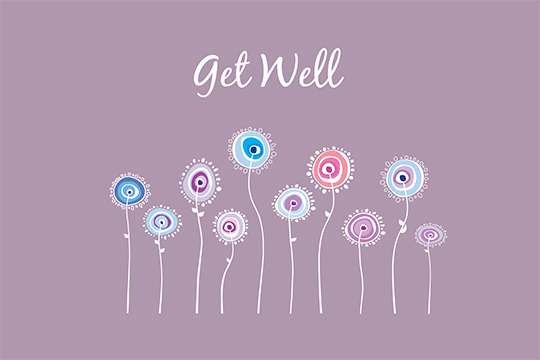 Get well card with purple background and illustrated flowers