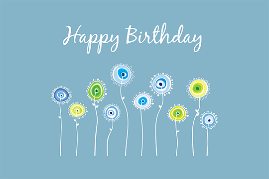 Happy Birthday blue card with illustrated flowers