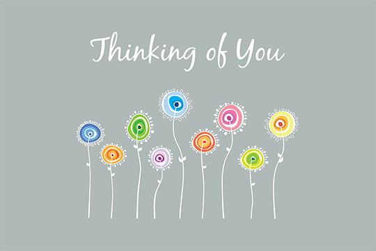 Thinking of you card with gray background and colorful illustrated flowers